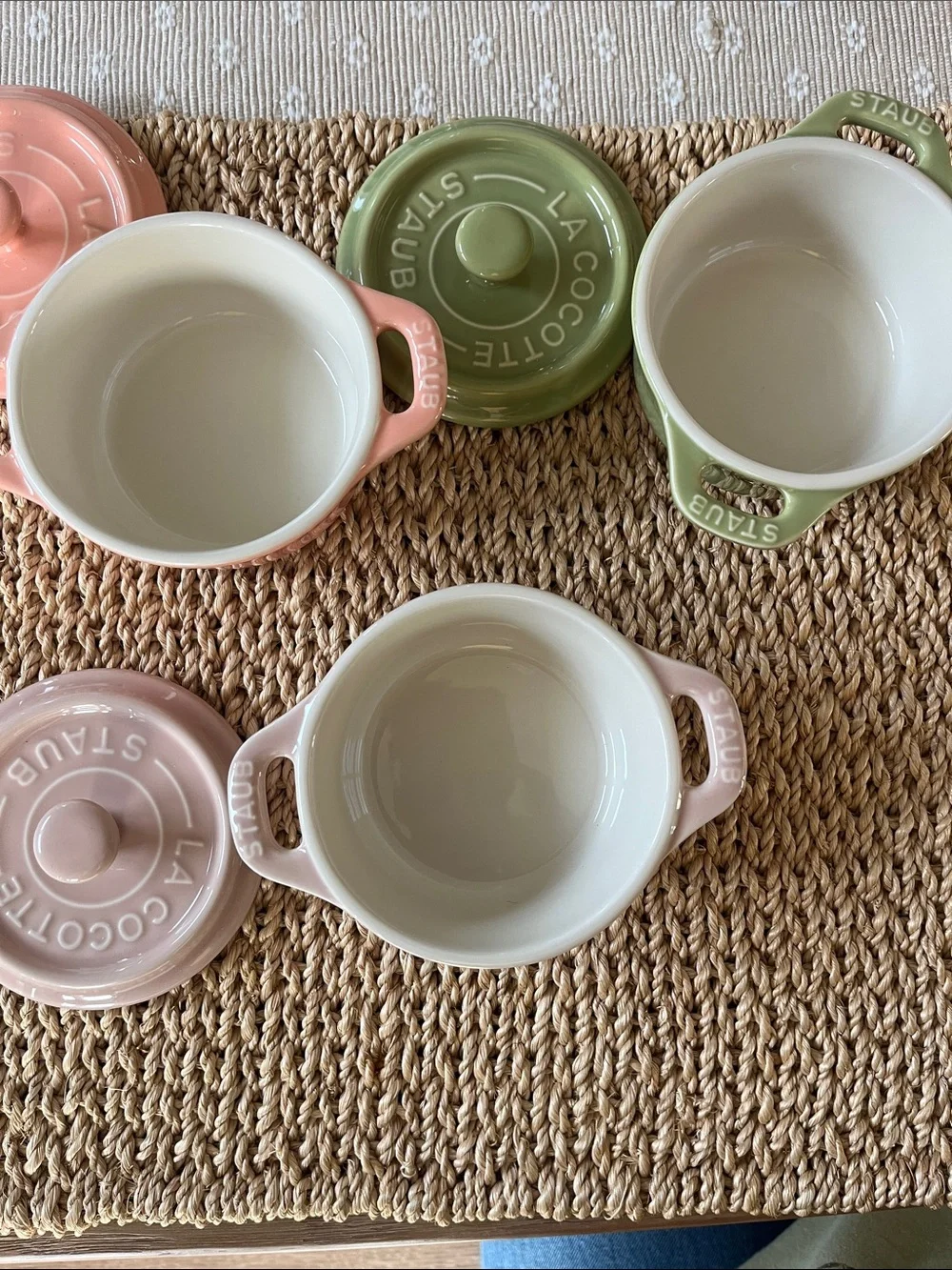 Staub Three-Piece Mini Cocotte Collection in Pink, Green, Taupe